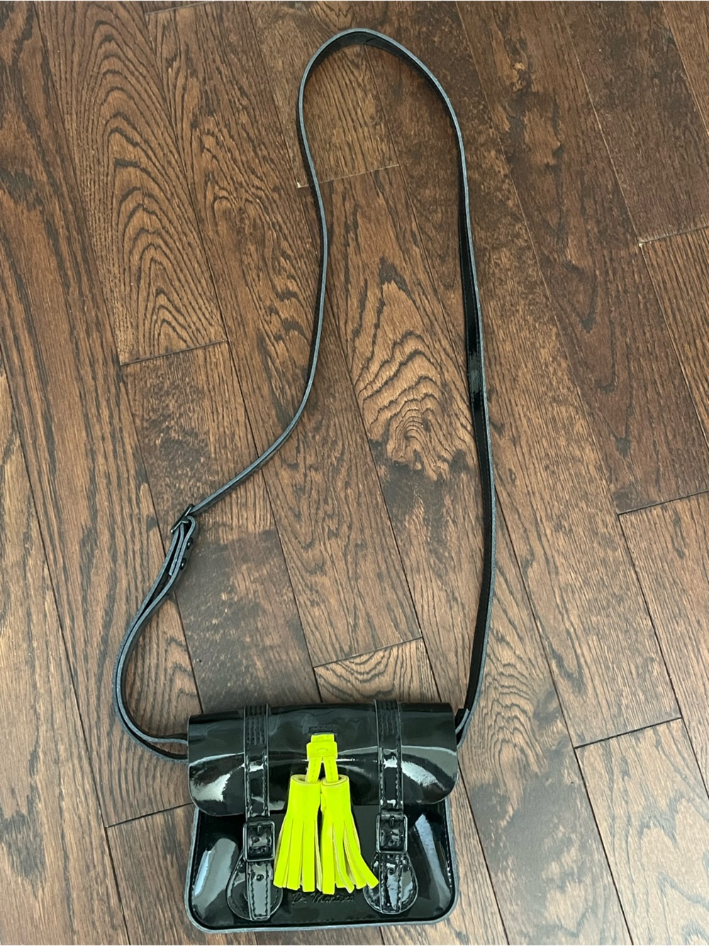 Dr Martens Black Patent Crossbody Bag with Neon Yellow Tassel - Picture 2 of 13
